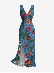 Robe hawaïenne à rayures et imprimé roses, à volants et fente cache-cœur - Bleu profond XL