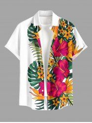 Plus Size Hibiscus Flower Tropical Leaf Print Buttons Pocket Hawaii Shirt For Men -  