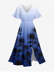 Robe mi-longue fendue à imprimé tournesols ombré grande taille style hawaïenne - Bleu profond 6X