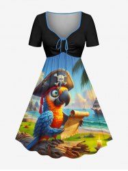 Parrot Pirate Sea Print Hawaii Cruise Cinched A Line Dress - Bleu Ciel L
