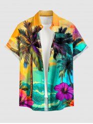 Coconut Tree Sea Waves Hibiscus Flower Print Hawaii Button Pocket Shirt For Men -  