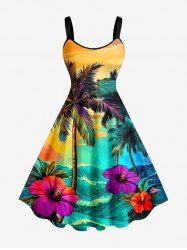 Coconut Tree Sea Waves Hibiscus Flower Print Hawaii A Line Dress - Deep Yellow L