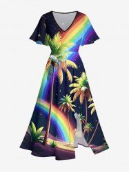 Coconut Tree Rainbow Glitter Stars Galaxy Print Hawaii Split Pocket A Line Midi Dress - Noir 5X
