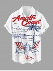 Coconut Tree Seascape Letter Print Hawaii Button Pocket Shirt For Men -  