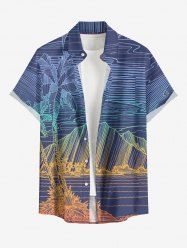 Chemise à poches boutonnées grande taille pour homme, imprimée de motifs hawaïens, de montagnes et de mer, avec cocotiers et lignes - Pourpre  L