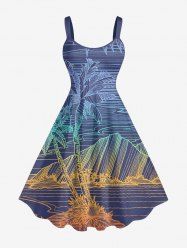 Plus Size Coconut Tree Mountain Sea Ombre Line Print Hawaii A Line Dress - Pourpre  2X
