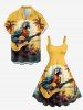 Robe débardeur grande taille à imprimé perroquet, cocotier, fleurs, soleil et paysage marin, style hawaïen - Brun Doré 6X