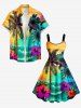 Coconut Tree Sea Waves Hibiscus Flower Print Hawaii A Line Dress - Deep Yellow L