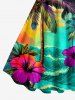 Coconut Tree Sea Waves Hibiscus Flower Print Hawaii A Line Dress - Deep Yellow L