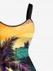 Coconut Tree Sea Waves Hibiscus Flower Print Hawaii A Line Dress - Deep Yellow L