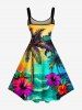 Coconut Tree Sea Waves Hibiscus Flower Print Hawaii A Line Dress - Deep Yellow L