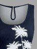 Plus Size Coconut Tree Sea Colorblock Print Cinched Hawaii Romper -  