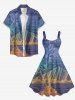 Plus Size Coconut Tree Mountain Sea Ombre Line Print Hawaii A Line Dress - Pourpre  2X