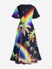 Coconut Tree Rainbow Glitter Stars Galaxy Print Hawaii Split Pocket A Line Midi Dress - Noir 5X