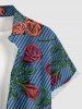 Chemise hawaïenne grande taille pour homme, à rayures et imprimé roses, boutons et poche. - Bleu profond L