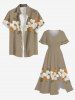 Plus Size Hibiscus Flower Leaf Print Split Hawaii Midi Dress -  
