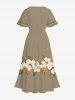 Plus Size Hibiscus Flower Leaf Print Split Hawaii Midi Dress -  