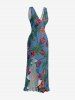 Robe hawaïenne à rayures et imprimé roses, à volants et fente cache-cœur - Bleu profond XL