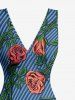 Robe hawaïenne à rayures et imprimé roses, à volants et fente cache-cœur - Bleu profond XL