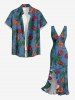 Robe hawaïenne à rayures et imprimé roses, à volants et fente cache-cœur - Bleu profond XL