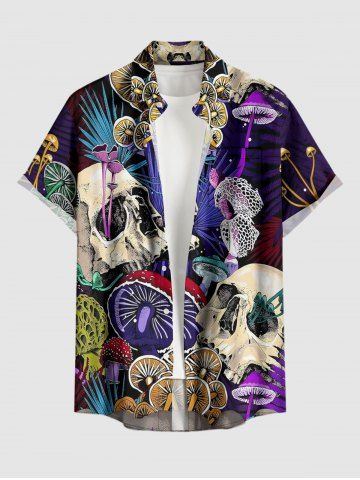 Plus Size Skull Mushroom Tropical Leaf Print Hawaii Buttons Pocket Shirt For Men - PURPLE - L