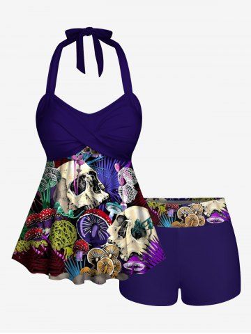 Plus Size Skull Mushroom Tropical Leaf Print Hawaii Twist Halter Boyleg Tankini Swimsuit - PURPLE - 3X