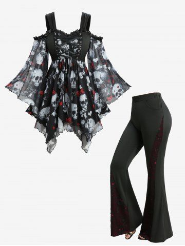 Ensemble grande taille composé d'un haut imprimé cœur et nœud papillon tête de mort et d'un pantalon évasé à poches patchwork en résille - BLACK