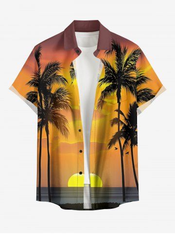 Chemise hawaïenne grande taille pour homme, imprimée coucher de soleil et cocotiers, avec poches et boutons.