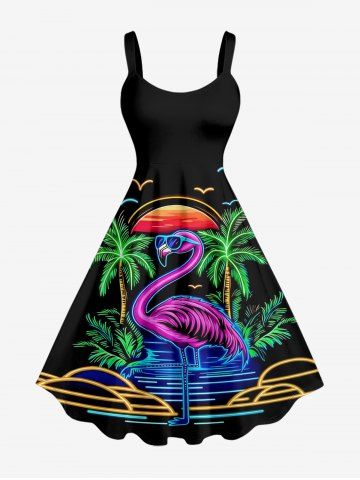 Robe débardeur hawaïenne grande taille à imprimé flamants roses, cocotiers et soleil - BLACK - S