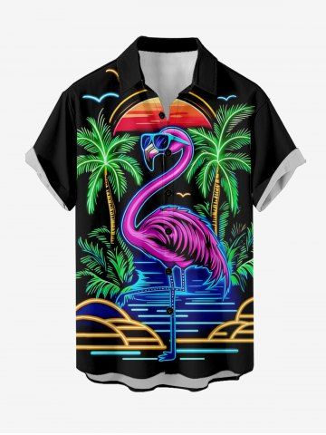 Plus Size Flamingo Coconut Tree Sun Print Buttons Pocket Hawaii Shirt For Men - BLACK - L