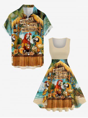 Ensemble de plage hawaïen assorti grandes tailles pour couples, imprimé perroquets, fleurs, ananas et jus de fruits, motif paysage marin