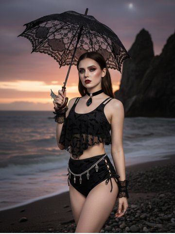 Gothic Moon Star Bat Flocking Peplum Hem Lace Up Tankini Swimsuit (Adjustable Shoulder Strap) - BLACK - M