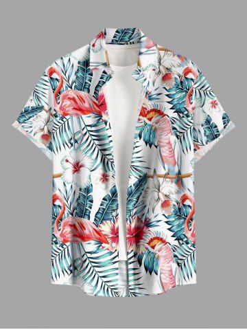 Plus Size Flamingo Parrot Hibiscus Flowers Leaf Print Buttons Pocket Hawaii Shirt For Men - BLUE - 3XL