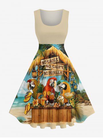 Plus Size Parrots Flowers Pineapple Fruit Juice Seascape Print 1950s Vintage Hawaii Dress - LIGHT BROWN - 6X