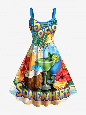 Plus Size Hibiscus Flower Coconut Tropical Leaf Juice Print Hawaii A Line Dress - SKY BLUE - 3X