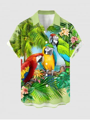 Plus Size Coconut Tree Parrot Tropical Leaf Print Hawaii Buttons Pocket Shirt For Men - GREEN - XL