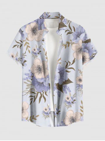 Chemise hawaïenne grande taille à imprimé floral et feuilles, boutons et poche pour homme - LIGHT PURPLE - 5XL