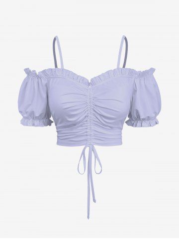 Plus Size Cinched Ruched Ruffles Cold Shoulder Cami Top - LIGHT PURPLE - 3X