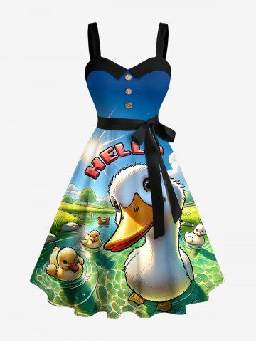 Robe trapèze grande taille à imprimé soleil et canards mignons, style hawaïen, boutonnée et avec ceinture amovible - BLUE - 2X