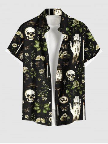 Plus Size Skull Hand Floral Leaf Candle Print Halloween Button Pocket Shirt For Men - BLACK - 2XL