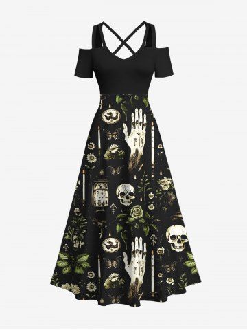 Plus Size Skull Hand Floral Leaf Candle Print Halloween Costume Crisscross A Line Maxi Dress - BLACK - 4X