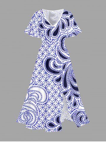 Robe midi trapèze à imprimé floral hawaïen grande taille avec poches fendues - BLUE - XS