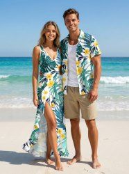 Flowers Tropical Leaf Print Matching Hawaii Beach Outfit For Couples -  