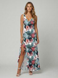 Robe hawaïenne à volants, fente et décolleté cache-cœur, imprimée de feuilles tropicales et de fleurs d'hibis - Vert profond XS