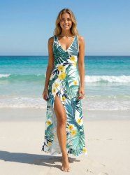 Flowers Tropical Leaf Print Hawaii Ruffles Split Surplice Dress -  