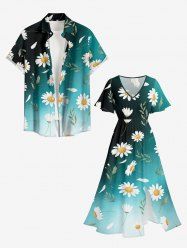 Ensemble de plage hawaïen assorti pour couples, imprimé ombré à fleurs de marguerite, grandes tailles - Paon Bleu 