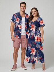 Tropical Leaf Flower Print Matching Hawaii Beach Outfit For Couples -  