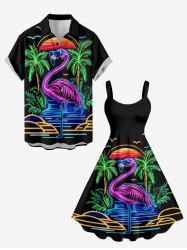 Ensemble de plage hawaïen assorti grande taille à imprimé flamant rose, cocotier et soleil pour couples - Noir 