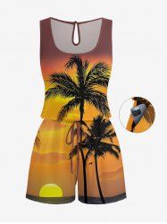 Plus Size Coconut Tree Sunset Print Cinched Hawaii Romper -  