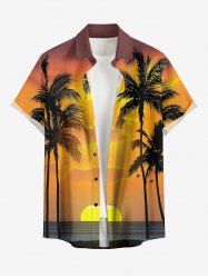Coconut Tree Sunset Print Buttons Pocket Hawaii Shirt For Men -  